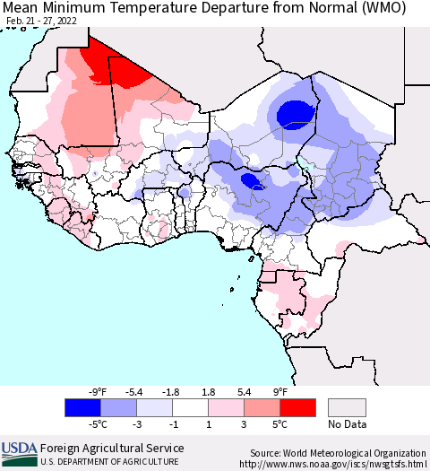 Western Africa Mean Minimum Temperature Departure from Normal (WMO) Thematic Map For 2/21/2022 - 2/27/2022