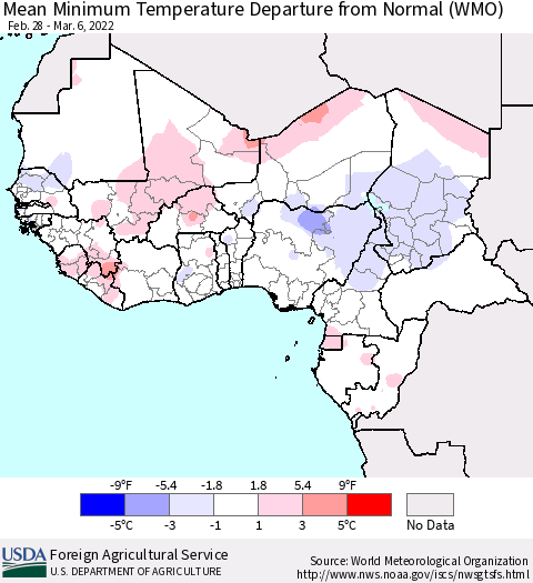 Western Africa Mean Minimum Temperature Departure from Normal (WMO) Thematic Map For 2/28/2022 - 3/6/2022