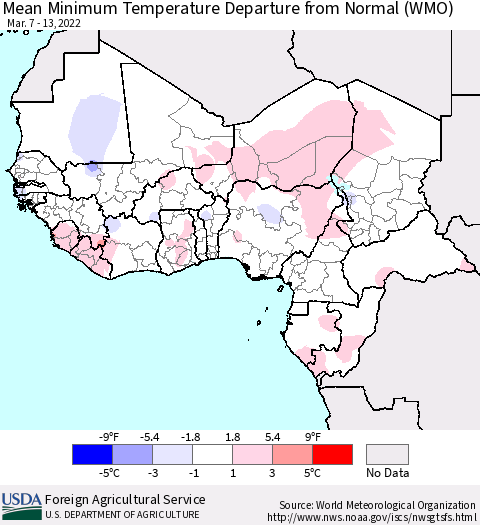 Western Africa Mean Minimum Temperature Departure from Normal (WMO) Thematic Map For 3/7/2022 - 3/13/2022
