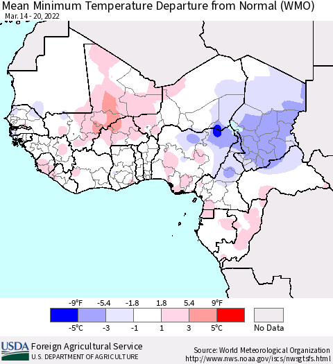 Western Africa Mean Minimum Temperature Departure from Normal (WMO) Thematic Map For 3/14/2022 - 3/20/2022