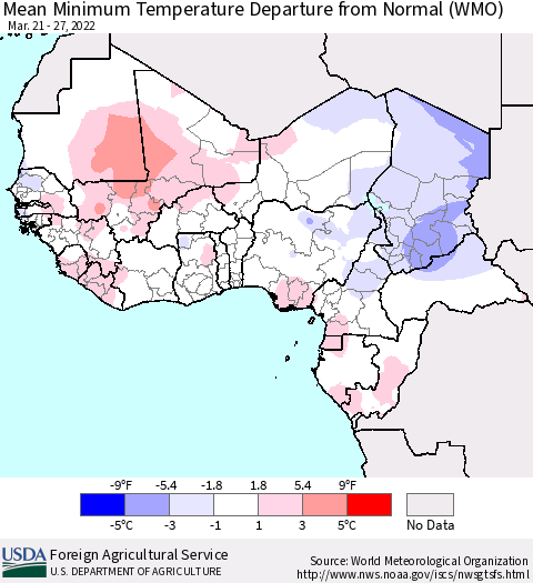 Western Africa Mean Minimum Temperature Departure from Normal (WMO) Thematic Map For 3/21/2022 - 3/27/2022