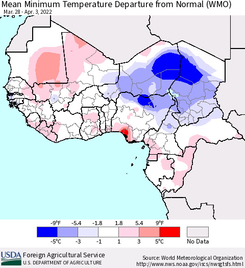 Western Africa Mean Minimum Temperature Departure from Normal (WMO) Thematic Map For 3/28/2022 - 4/3/2022
