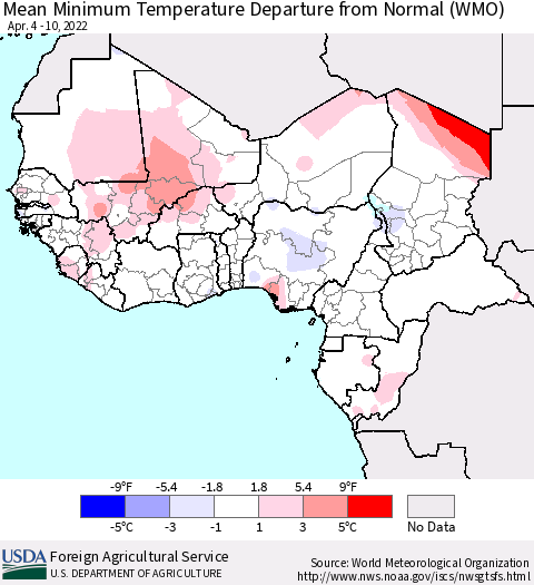 Western Africa Mean Minimum Temperature Departure from Normal (WMO) Thematic Map For 4/4/2022 - 4/10/2022