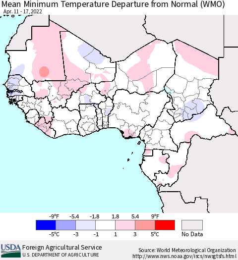 Western Africa Mean Minimum Temperature Departure from Normal (WMO) Thematic Map For 4/11/2022 - 4/17/2022