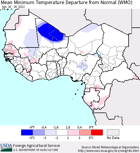 Western Africa Mean Minimum Temperature Departure from Normal (WMO) Thematic Map For 4/18/2022 - 4/24/2022