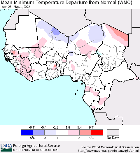 Western Africa Mean Minimum Temperature Departure from Normal (WMO) Thematic Map For 4/25/2022 - 5/1/2022