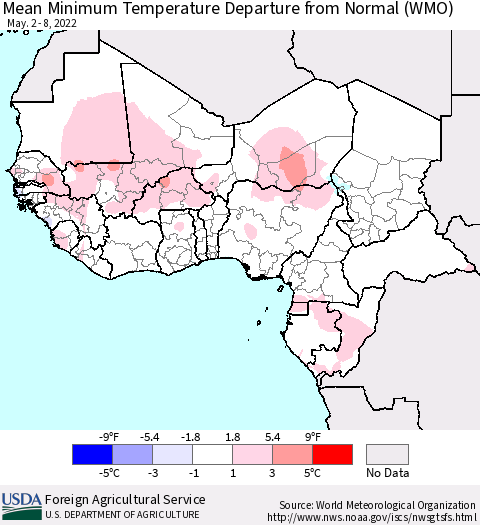 Western Africa Mean Minimum Temperature Departure from Normal (WMO) Thematic Map For 5/2/2022 - 5/8/2022