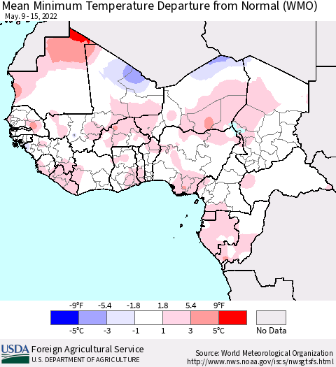 Western Africa Mean Minimum Temperature Departure from Normal (WMO) Thematic Map For 5/9/2022 - 5/15/2022