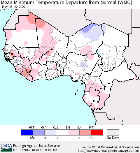 Western Africa Mean Minimum Temperature Departure from Normal (WMO) Thematic Map For 5/16/2022 - 5/22/2022