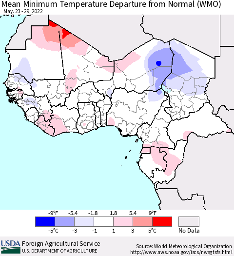 Western Africa Mean Minimum Temperature Departure from Normal (WMO) Thematic Map For 5/23/2022 - 5/29/2022