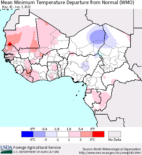 Western Africa Mean Minimum Temperature Departure from Normal (WMO) Thematic Map For 5/30/2022 - 6/5/2022