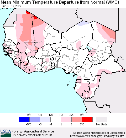 Western Africa Mean Minimum Temperature Departure from Normal (WMO) Thematic Map For 6/6/2022 - 6/12/2022