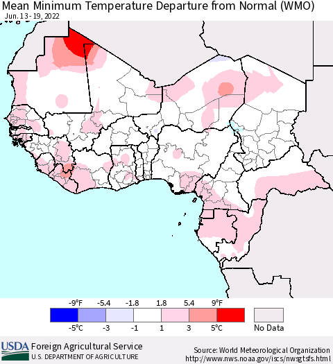 Western Africa Mean Minimum Temperature Departure from Normal (WMO) Thematic Map For 6/13/2022 - 6/19/2022