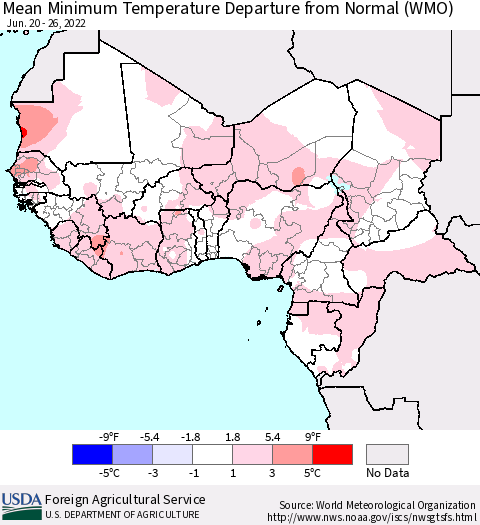 Western Africa Mean Minimum Temperature Departure from Normal (WMO) Thematic Map For 6/20/2022 - 6/26/2022