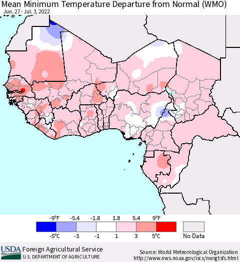 Western Africa Mean Minimum Temperature Departure from Normal (WMO) Thematic Map For 6/27/2022 - 7/3/2022