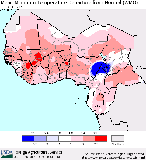 Western Africa Mean Minimum Temperature Departure from Normal (WMO) Thematic Map For 7/4/2022 - 7/10/2022