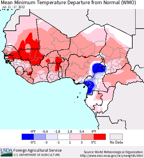 Western Africa Mean Minimum Temperature Departure from Normal (WMO) Thematic Map For 7/11/2022 - 7/17/2022