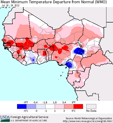 Western Africa Mean Minimum Temperature Departure from Normal (WMO) Thematic Map For 7/18/2022 - 7/24/2022