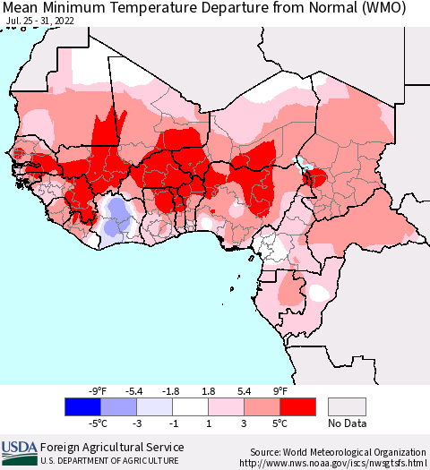 Western Africa Mean Minimum Temperature Departure from Normal (WMO) Thematic Map For 7/25/2022 - 7/31/2022