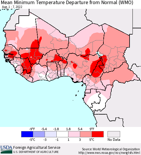 Western Africa Mean Minimum Temperature Departure from Normal (WMO) Thematic Map For 8/1/2022 - 8/7/2022