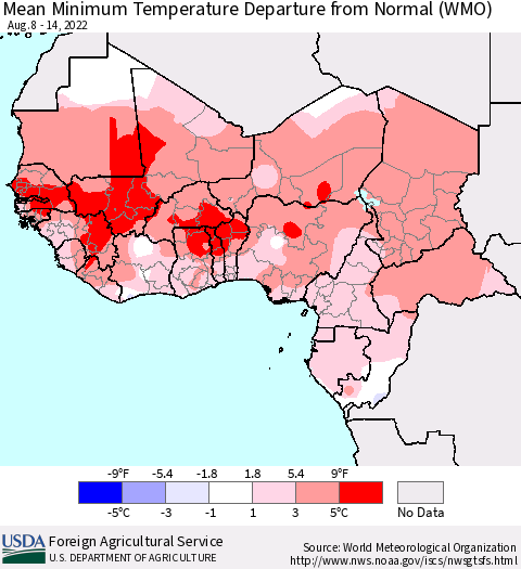 Western Africa Mean Minimum Temperature Departure from Normal (WMO) Thematic Map For 8/8/2022 - 8/14/2022