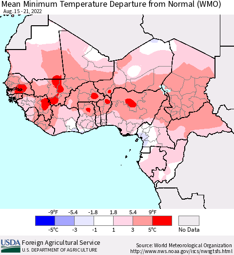 Western Africa Mean Minimum Temperature Departure from Normal (WMO) Thematic Map For 8/15/2022 - 8/21/2022