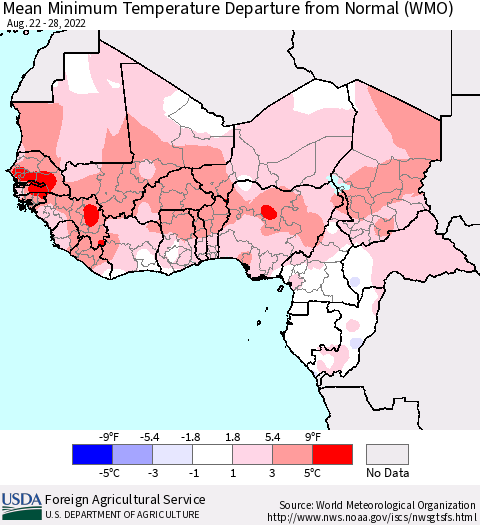 Western Africa Mean Minimum Temperature Departure from Normal (WMO) Thematic Map For 8/22/2022 - 8/28/2022