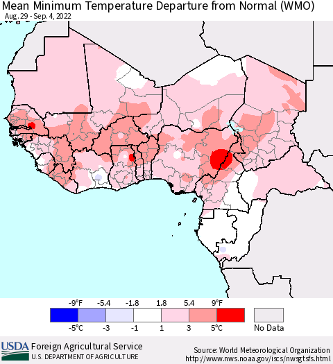Western Africa Mean Minimum Temperature Departure from Normal (WMO) Thematic Map For 8/29/2022 - 9/4/2022