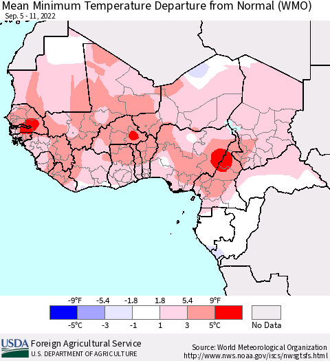 Western Africa Mean Minimum Temperature Departure from Normal (WMO) Thematic Map For 9/5/2022 - 9/11/2022