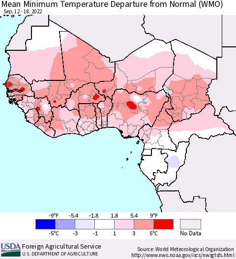 Western Africa Mean Minimum Temperature Departure from Normal (WMO) Thematic Map For 9/12/2022 - 9/18/2022