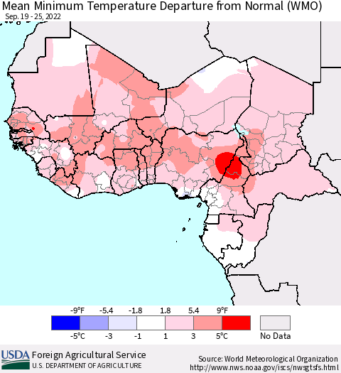 Western Africa Mean Minimum Temperature Departure from Normal (WMO) Thematic Map For 9/19/2022 - 9/25/2022