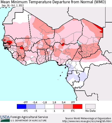 Western Africa Mean Minimum Temperature Departure from Normal (WMO) Thematic Map For 9/26/2022 - 10/2/2022