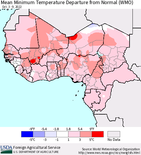 Western Africa Mean Minimum Temperature Departure from Normal (WMO) Thematic Map For 10/3/2022 - 10/9/2022