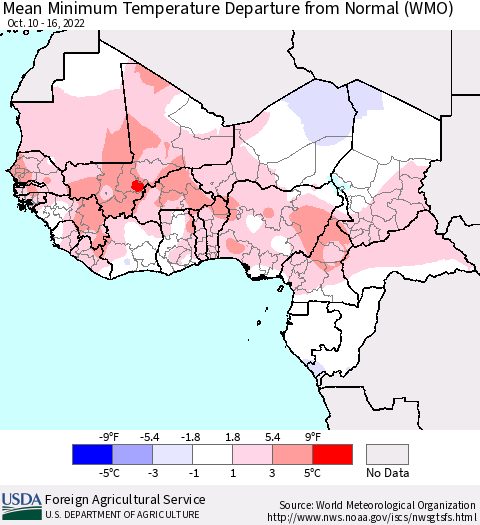 Western Africa Mean Minimum Temperature Departure from Normal (WMO) Thematic Map For 10/10/2022 - 10/16/2022