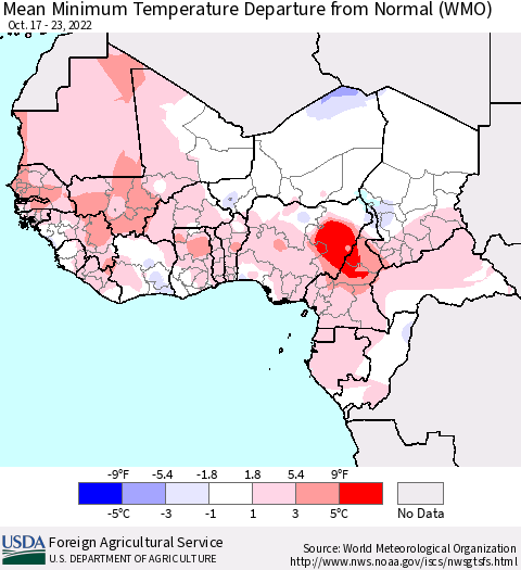 Western Africa Mean Minimum Temperature Departure from Normal (WMO) Thematic Map For 10/17/2022 - 10/23/2022