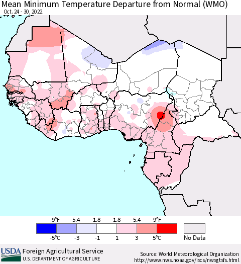 Western Africa Mean Minimum Temperature Departure from Normal (WMO) Thematic Map For 10/24/2022 - 10/30/2022