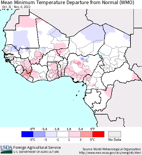 Western Africa Mean Minimum Temperature Departure from Normal (WMO) Thematic Map For 10/31/2022 - 11/6/2022