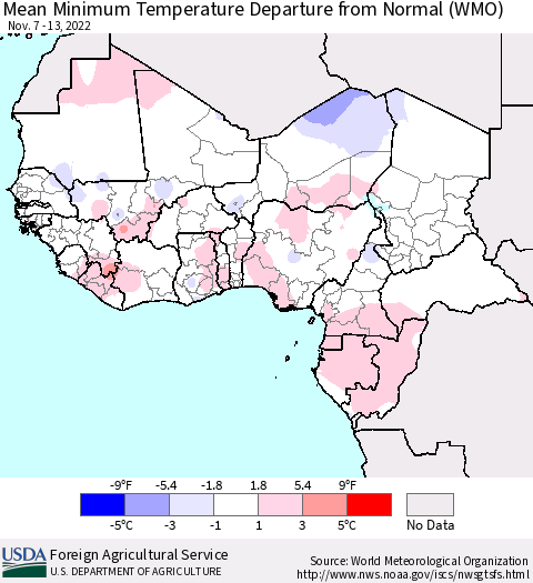 Western Africa Mean Minimum Temperature Departure from Normal (WMO) Thematic Map For 11/7/2022 - 11/13/2022