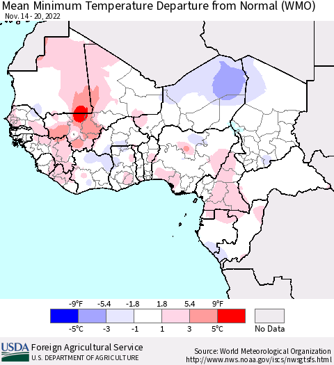 Western Africa Mean Minimum Temperature Departure from Normal (WMO) Thematic Map For 11/14/2022 - 11/20/2022