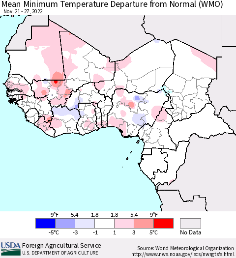 Western Africa Mean Minimum Temperature Departure from Normal (WMO) Thematic Map For 11/21/2022 - 11/27/2022