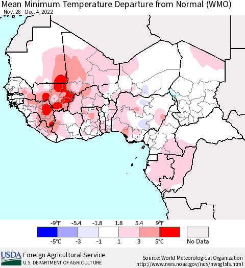 Western Africa Mean Minimum Temperature Departure from Normal (WMO) Thematic Map For 11/28/2022 - 12/4/2022