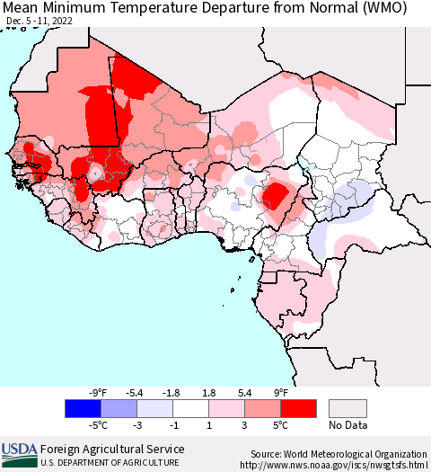 Western Africa Mean Minimum Temperature Departure from Normal (WMO) Thematic Map For 12/5/2022 - 12/11/2022