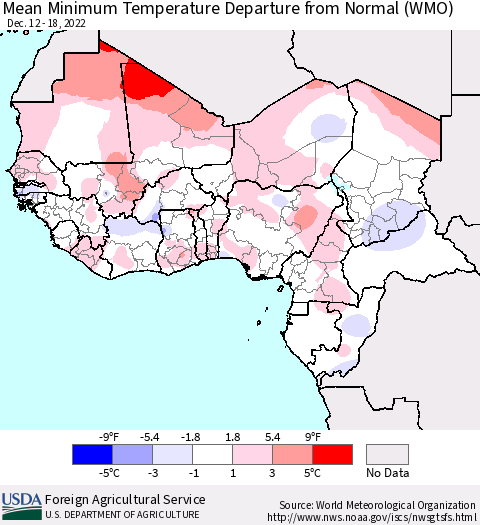 Western Africa Mean Minimum Temperature Departure from Normal (WMO) Thematic Map For 12/12/2022 - 12/18/2022