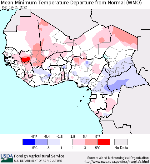 Western Africa Mean Minimum Temperature Departure from Normal (WMO) Thematic Map For 12/19/2022 - 12/25/2022