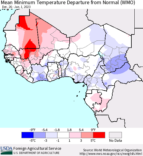Western Africa Mean Minimum Temperature Departure from Normal (WMO) Thematic Map For 12/26/2022 - 1/1/2023