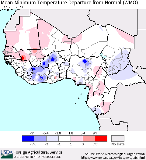 Western Africa Mean Minimum Temperature Departure from Normal (WMO) Thematic Map For 1/2/2023 - 1/8/2023