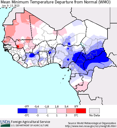 Western Africa Mean Minimum Temperature Departure from Normal (WMO) Thematic Map For 1/9/2023 - 1/15/2023