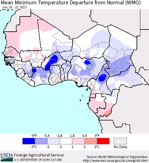 Western Africa Mean Minimum Temperature Departure from Normal (WMO) Thematic Map For 1/16/2023 - 1/22/2023