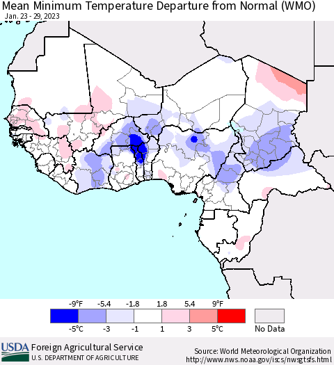 Western Africa Mean Minimum Temperature Departure from Normal (WMO) Thematic Map For 1/23/2023 - 1/29/2023