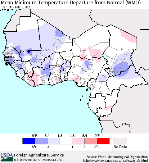 Western Africa Mean Minimum Temperature Departure from Normal (WMO) Thematic Map For 1/30/2023 - 2/5/2023